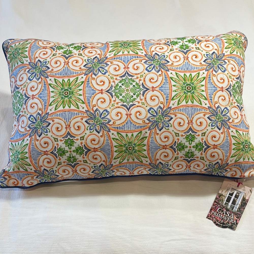 New Throw Pillow, Blue, Orange, Green & White,  Zipper Cover + Insert, NWT